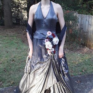 Pewter grey dress with faux  flowers, formal gown